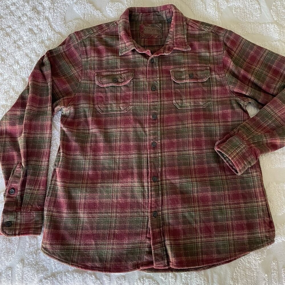 Orvis Shacket Men XL Red Green Plaid Button Up Heavy Flannel Shirt Jacket Pocket